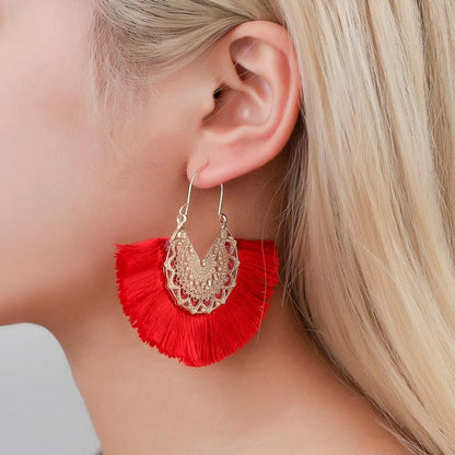 New Fashion Retro Exaggerated Fan-shaped Lace Pattern Tassel Earrings Wholesale