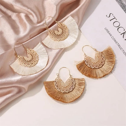 New Fashion Retro Exaggerated Fan-shaped Lace Pattern Tassel Earrings Wholesale