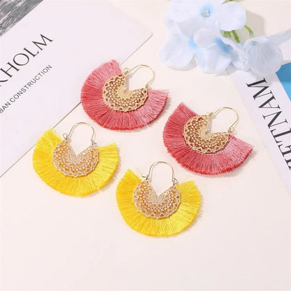 New Fashion Retro Exaggerated Fan-shaped Lace Pattern Tassel Earrings Wholesale