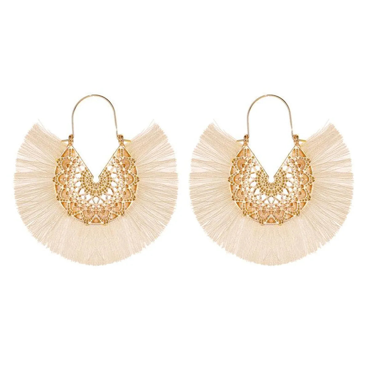 New Fashion Retro Exaggerated Fan-shaped Lace Pattern Tassel Earrings Wholesale