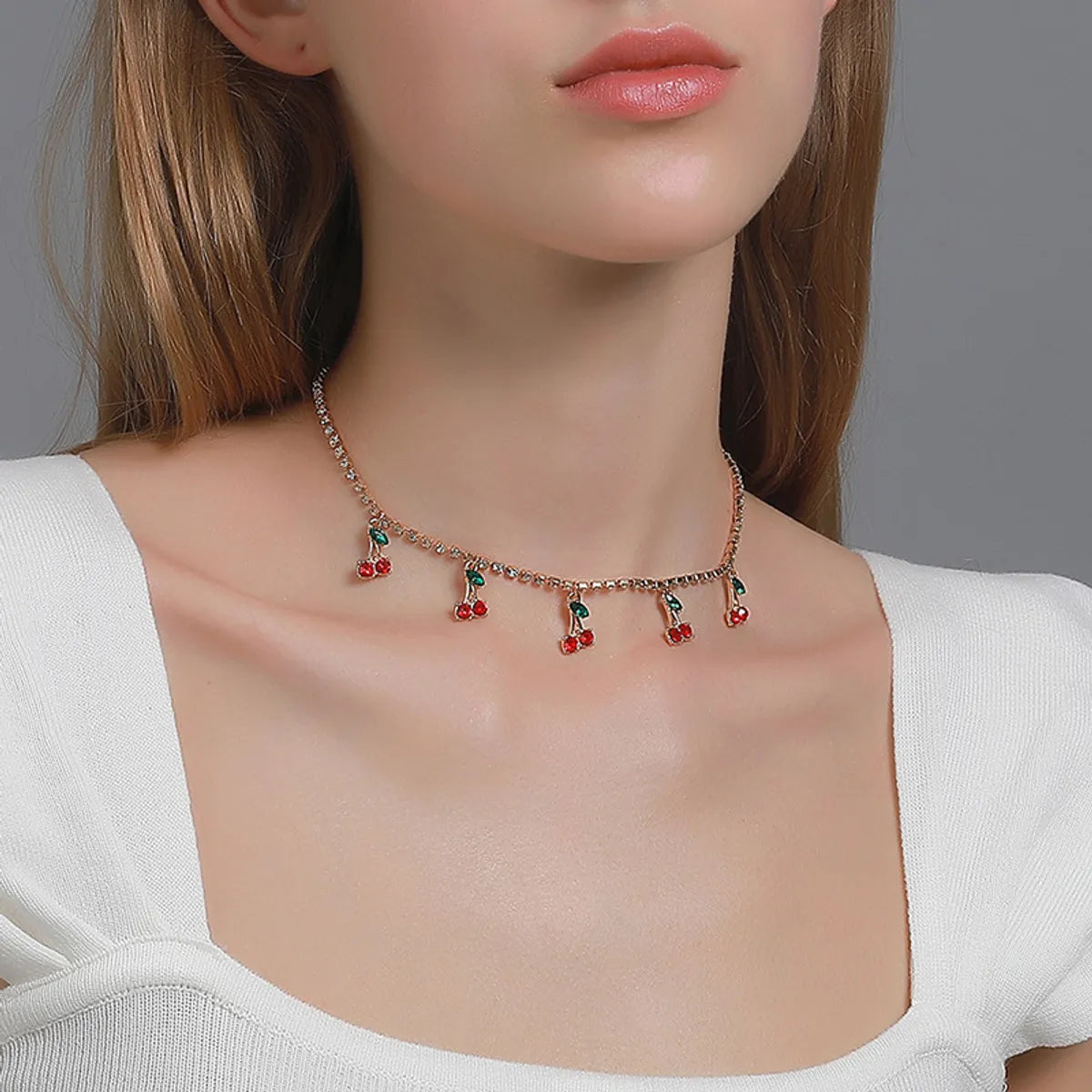 New Fashion Rhinestone Cherry Necklace