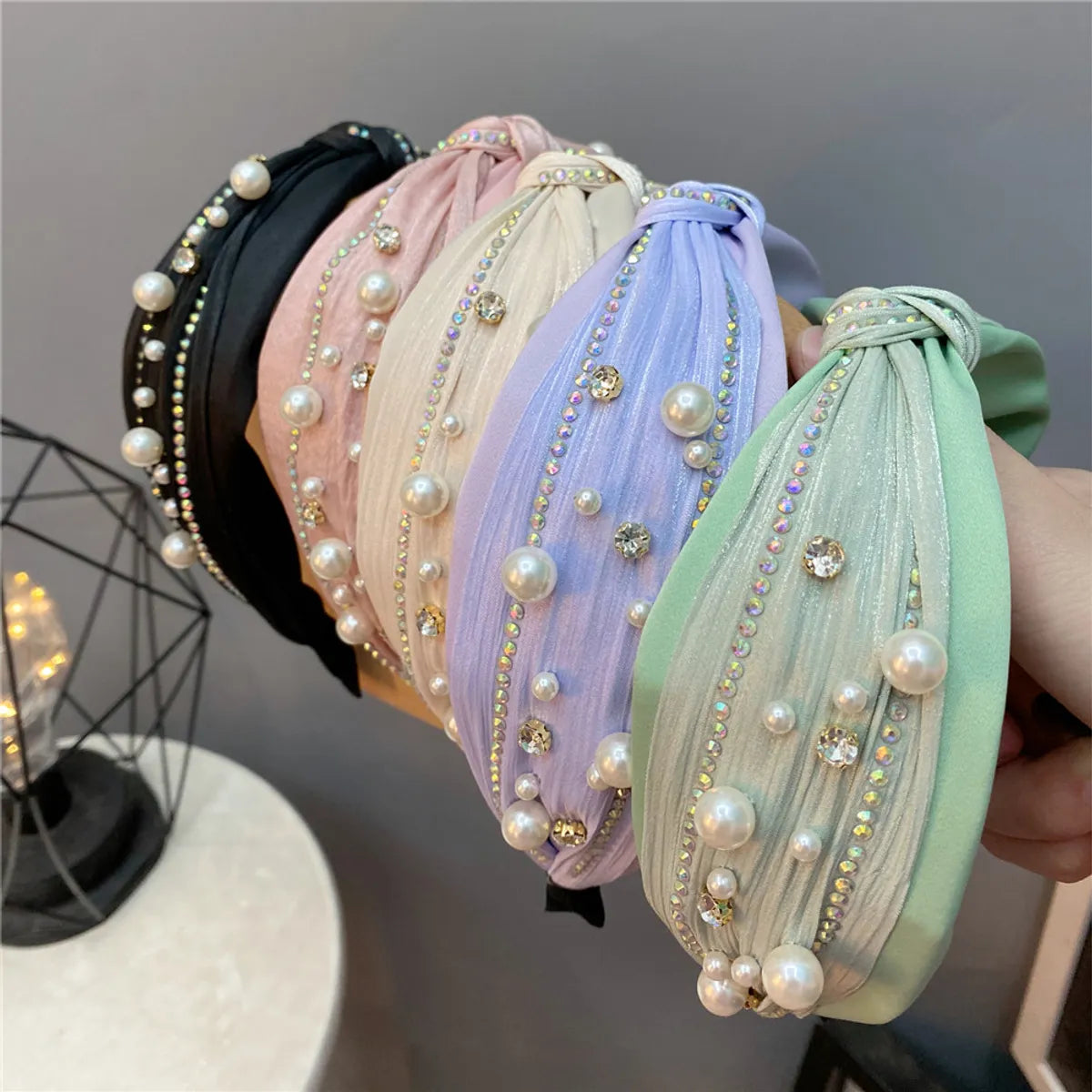 New Fashion Rhinestone Knotted Headband Pearl Flash Diamond Macaron Hair Accessories