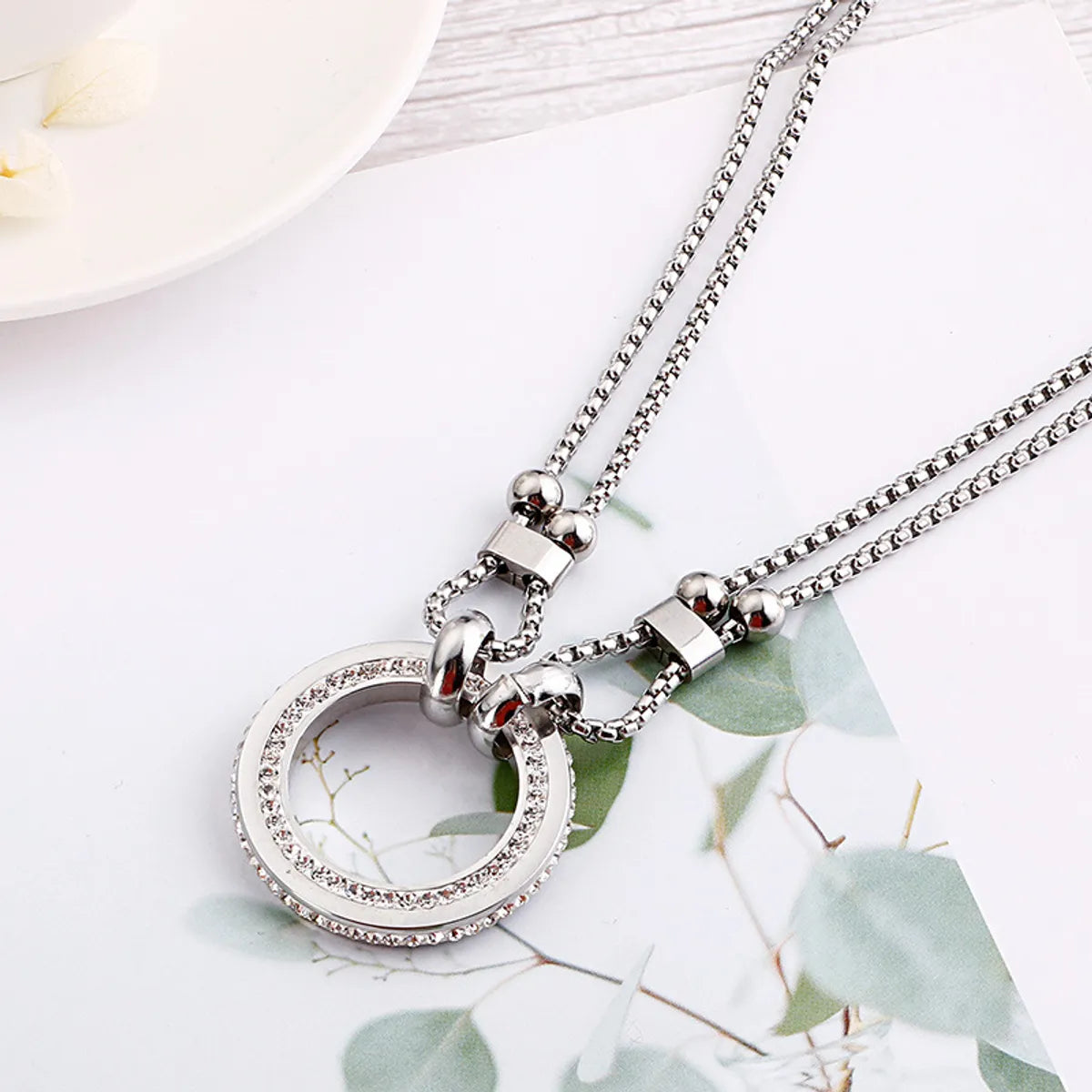 New Fashion Round Personality Female Necklace Korean Stainless Steel Diamond Double-layer Necklace