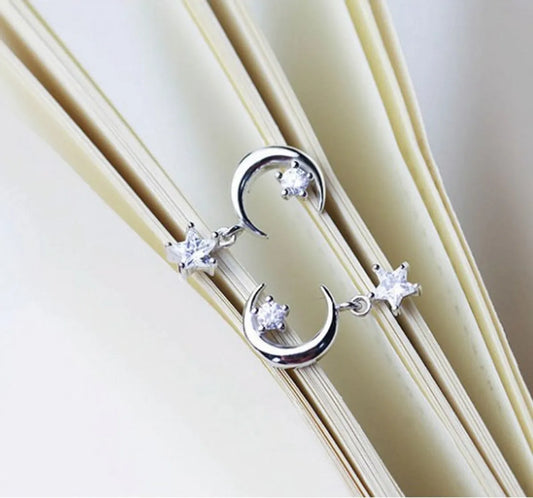 New Fashion Star Moon Inlaid Zircon Asymmetric Alloy Ear Stud Earrings