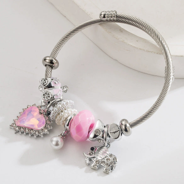 New Fashion Unisex Geometric Stainless Steel Alloy Bracelet Set With Diamonds Featuring Heart And Elephant Pearl Pendants