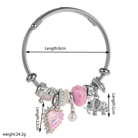 New Fashion Unisex Geometric Stainless Steel Alloy Bracelet Set With Diamonds Featuring Heart And Elephant Pearl Pendants