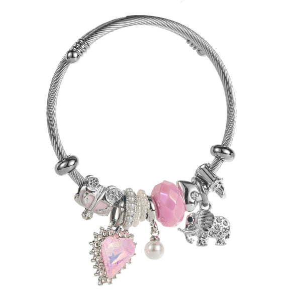 New Fashion Unisex Geometric Stainless Steel Alloy Bracelet Set With Diamonds Featuring Heart And Elephant Pearl Pendants