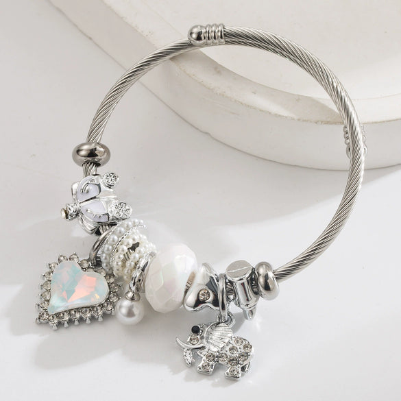 New Fashion Unisex Geometric Stainless Steel Alloy Bracelet Set With Diamonds Featuring Heart And Elephant Pearl Pendants
