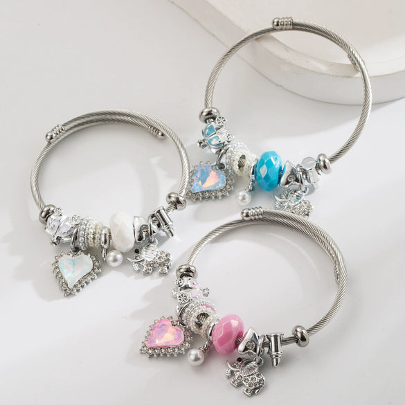 New Fashion Unisex Geometric Stainless Steel Alloy Bracelet Set With Diamonds Featuring Heart And Elephant Pearl Pendants
