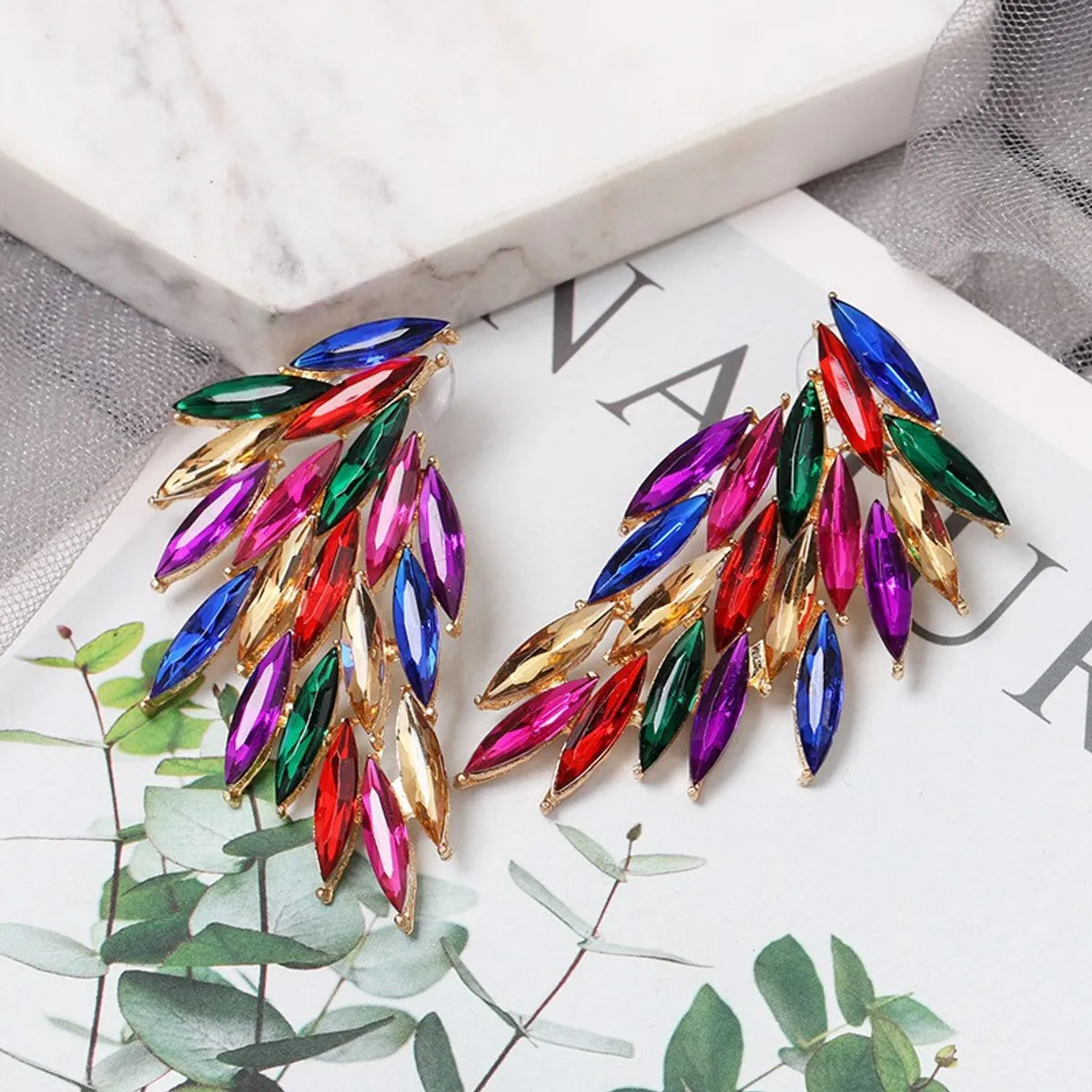 New Feather Diamond Wings Color Stud Earrings