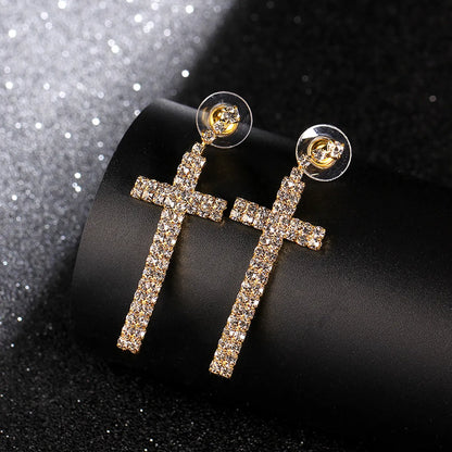 New Full Of Diamonds Long Cross Copper Earrings Nihaojewelry Stainless Steel