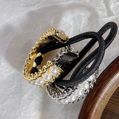 New Golden Silvery Chain  Inlaid Imitation Pearl Alloy Hair Tie