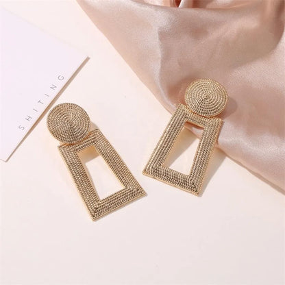 New Hollow Trapezoidal Earrings Temperament Geometric Pendant Earrings Female Square Grain Metal Earrings