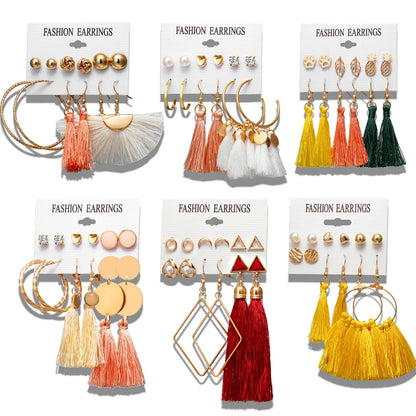 New Hot Sale Bohemian Moon Triangle Tassel Earring Set 6 Pairs Wholesale