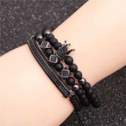 New Hot-selling 6mm Frosted Stone Crown Three-cut Round Leather Strap Beaded Copper Bracelet For Women