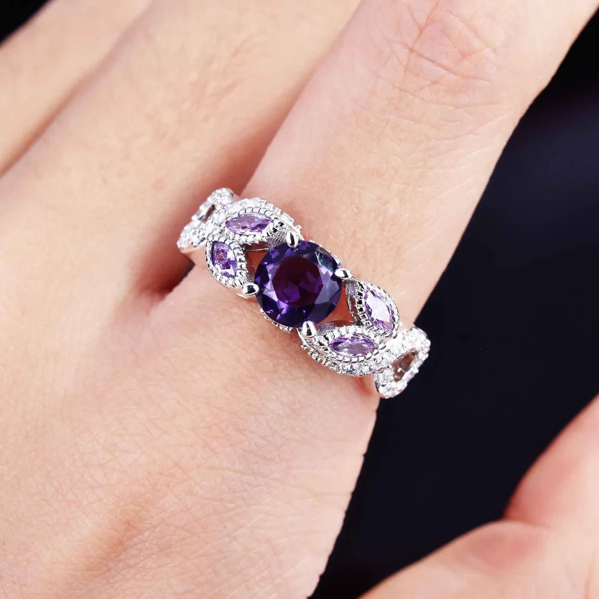 Zhenrong  Cross-border Supply New Inlaid Amethyst Carat Ring European And American Micro-inlaid Full Diamond Engagement Women's Ring