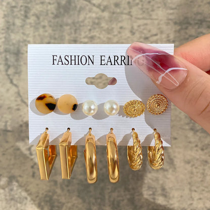 New Inlaid Pearl Gold Hoop Earring 6-Piece Set Wholesale Nihaojewelry