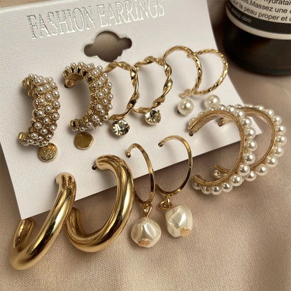 New Inlaid Pearl Gold Hoop Earring 6-Piece Set Wholesale Nihaojewelry