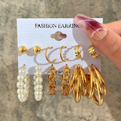 New Inlaid Pearl Gold Hoop Earring 6-Piece Set Wholesale Nihaojewelry