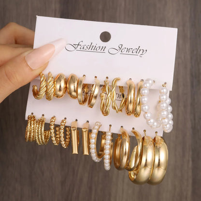 New Inlaid Pearl Gold Hoop Earring 6-Piece Set Wholesale Nihaojewelry