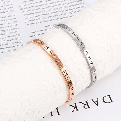 New Korean Diamond-studded Rose Gold Roman Text Titanium Steel Open Bracelet Female