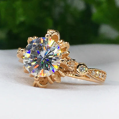 New Ladies Flower Ring Copper Gold-Plated Inlaid Zircon Engagement Ring