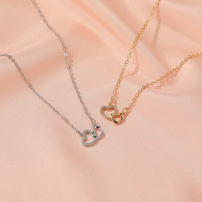 New Ladies Wild Love-Shaped Diamond Hollow Double Peach Heart Pendant Necklace Clavicle Chain