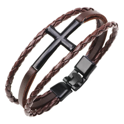 New Metal Cross Braided Leather Rope Three-Color Bracelet