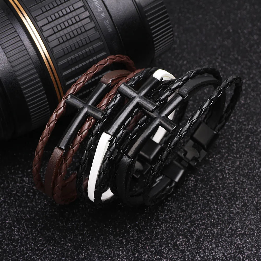 New Metal Cross Braided Leather Rope Three-Color Bracelet