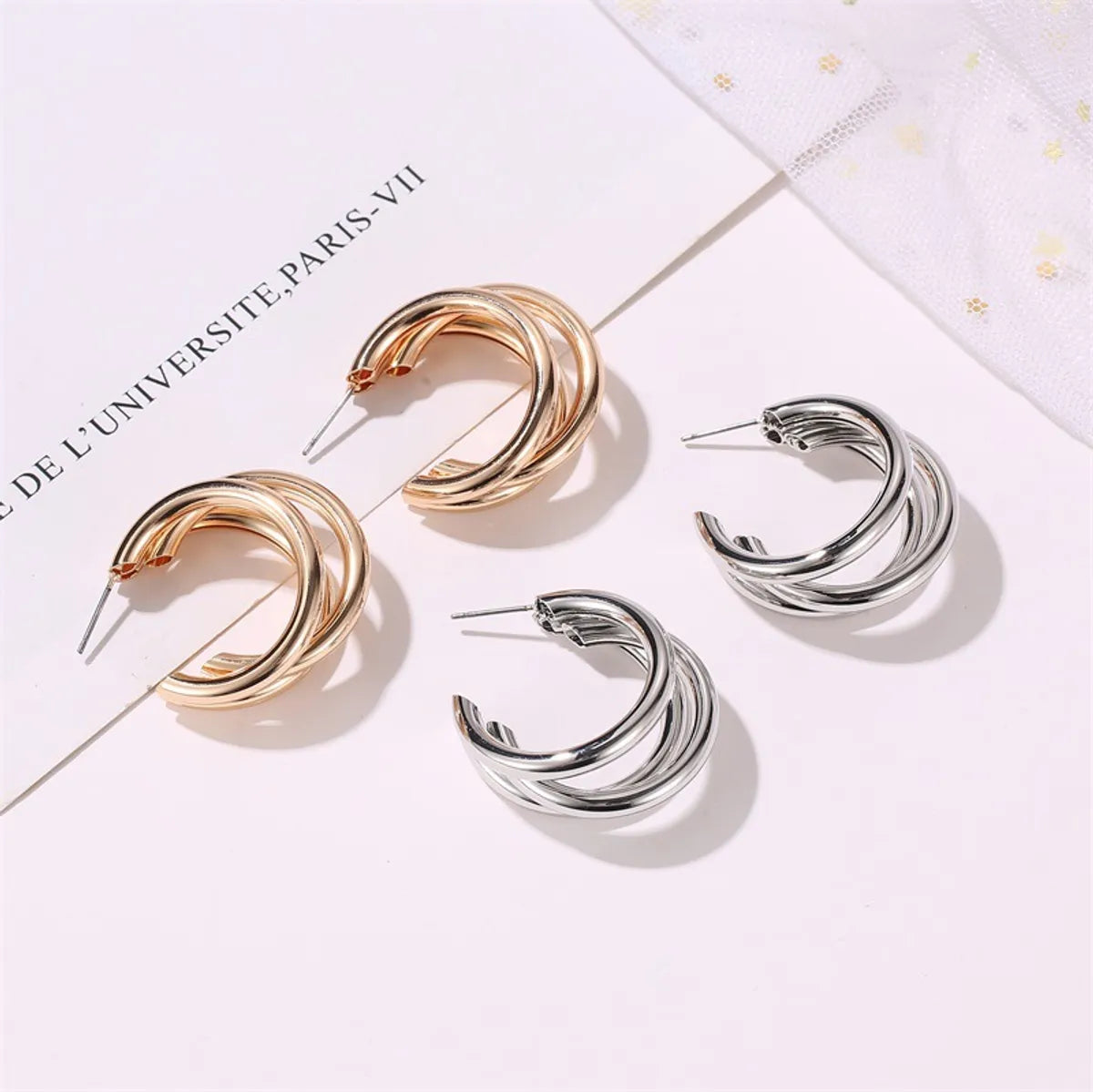 New Metal Three-layer Semicircle Cross Fashionable Exaggerated C-shaped Earrings Wholesale