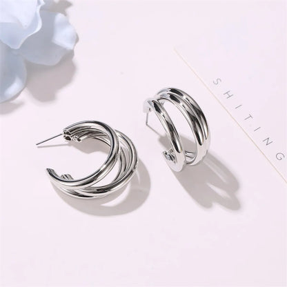 New Metal Three-layer Semicircle Cross Fashionable Exaggerated C-shaped Earrings Wholesale