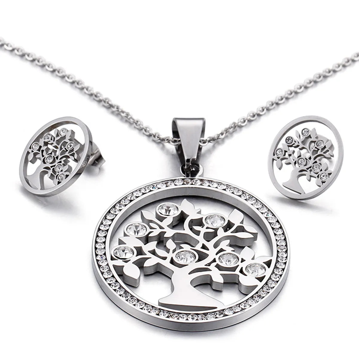 New Necklace Earrings Set Round Ring Full Circle Diamond Inlaid Zircon Tree Stainless Steel Jewelry Set