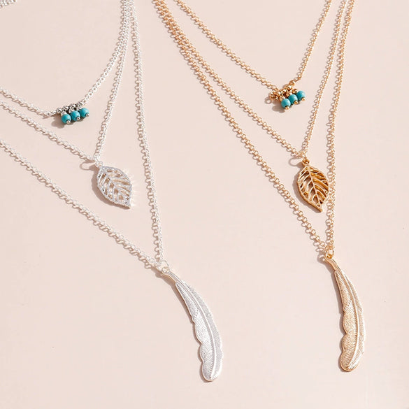 New Necklace Vintage Rice Beads Leaf Feather Beaded Tree Hair Combination Multilayer Necklace