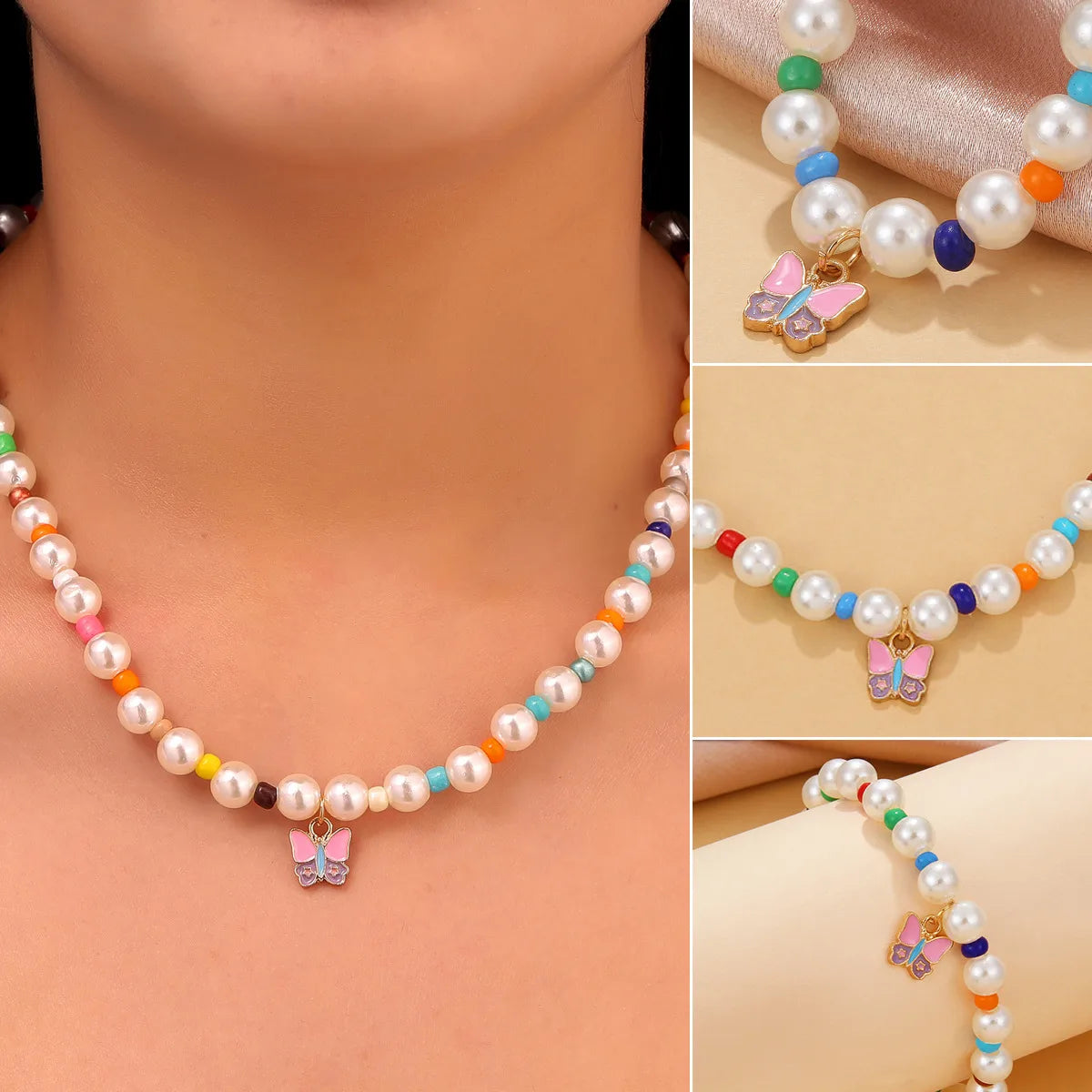 New Oil Dripping Butterfly Necklace European And American Bohemian Color Imitation Pearl Necklace Bracelet Anklet Set