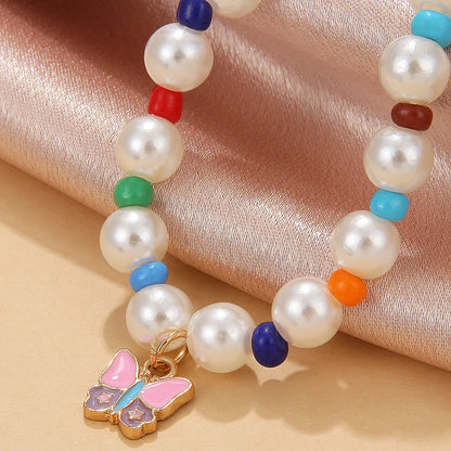 New Oil Dripping Butterfly Necklace European And American Bohemian Color Imitation Pearl Necklace Bracelet Anklet Set