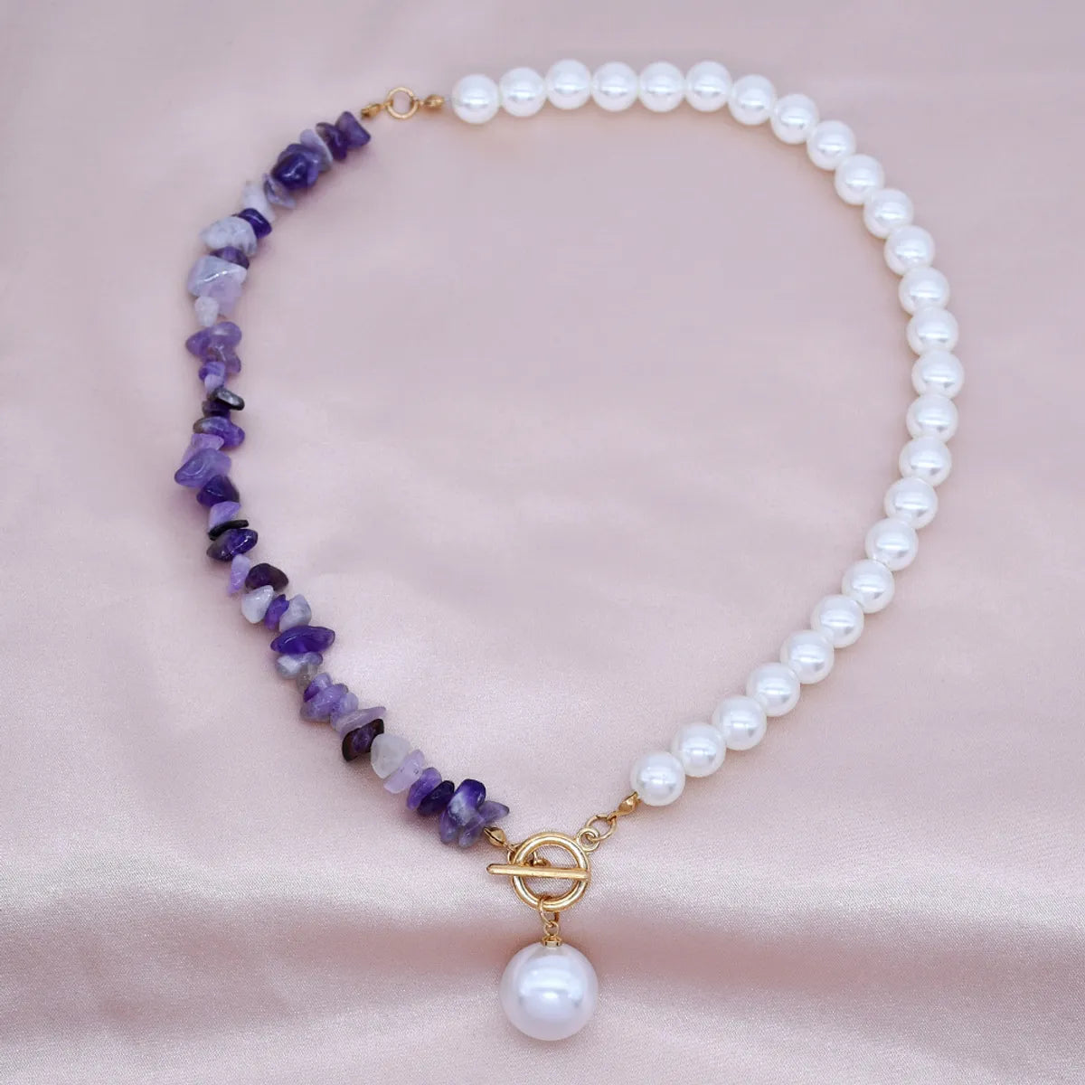 New Pearl Stitching Asymmetrical Amethyst Crystal Gravel Clavicle Chain