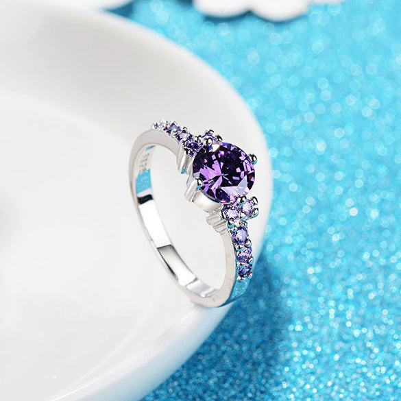 New Purple Stone Round Female Ring Fashion Simple Platinum Ring