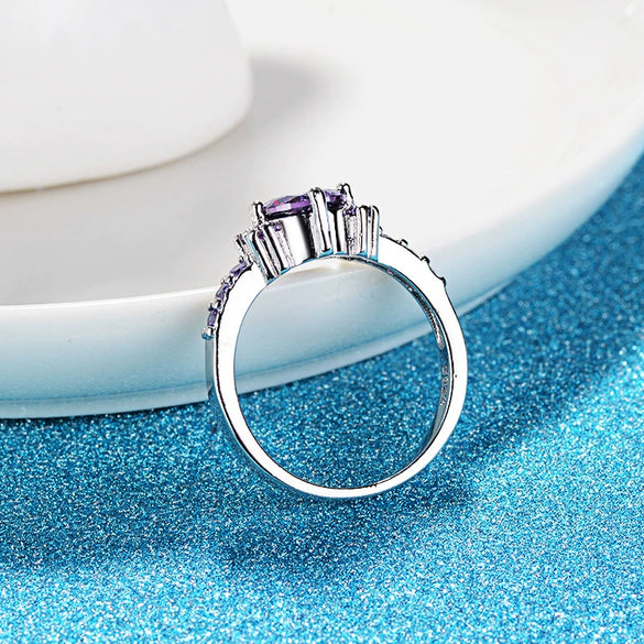 New Purple Stone Round Female Ring Fashion Simple Platinum Ring