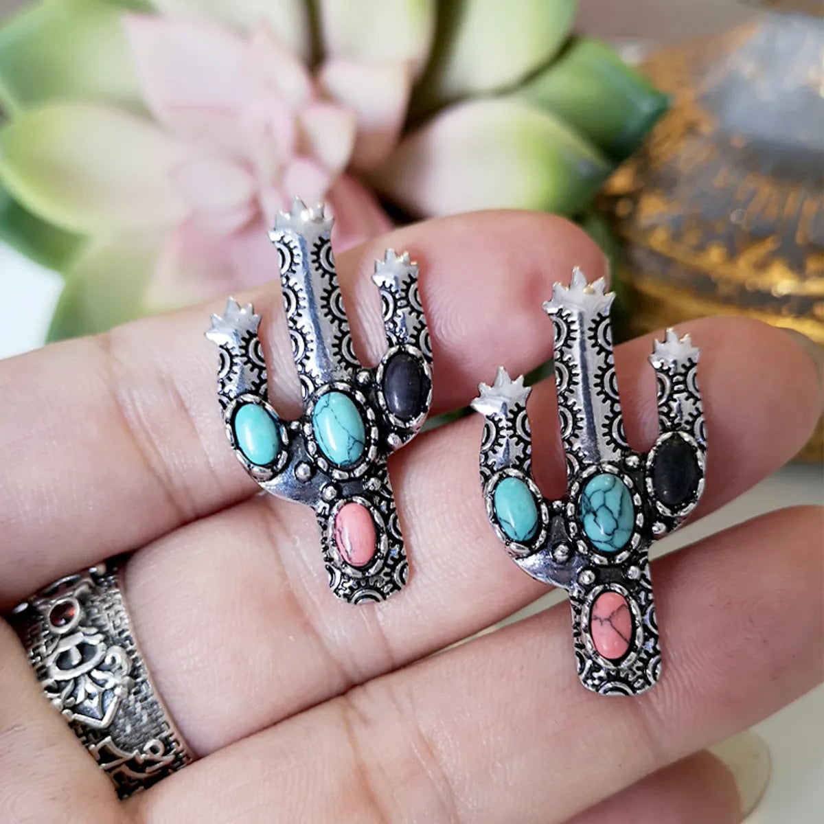 New Retro Cactus Earrings Inlaid Colorful Turquoise Exaggerated Earrings Wholesale