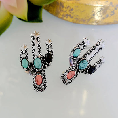 New Retro Cactus Earrings Inlaid Colorful Turquoise Exaggerated Earrings Wholesale