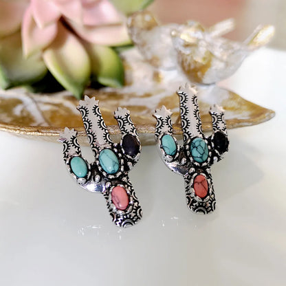 New Retro Cactus Earrings Inlaid Colorful Turquoise Exaggerated Earrings Wholesale