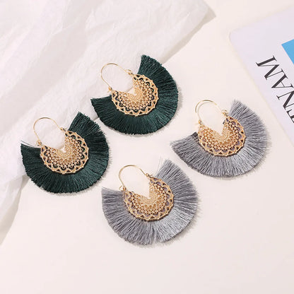 New Retro Exaggerated Fan-shaped Lace Patter Ethnic Style New Tassel Earrings Wholesale