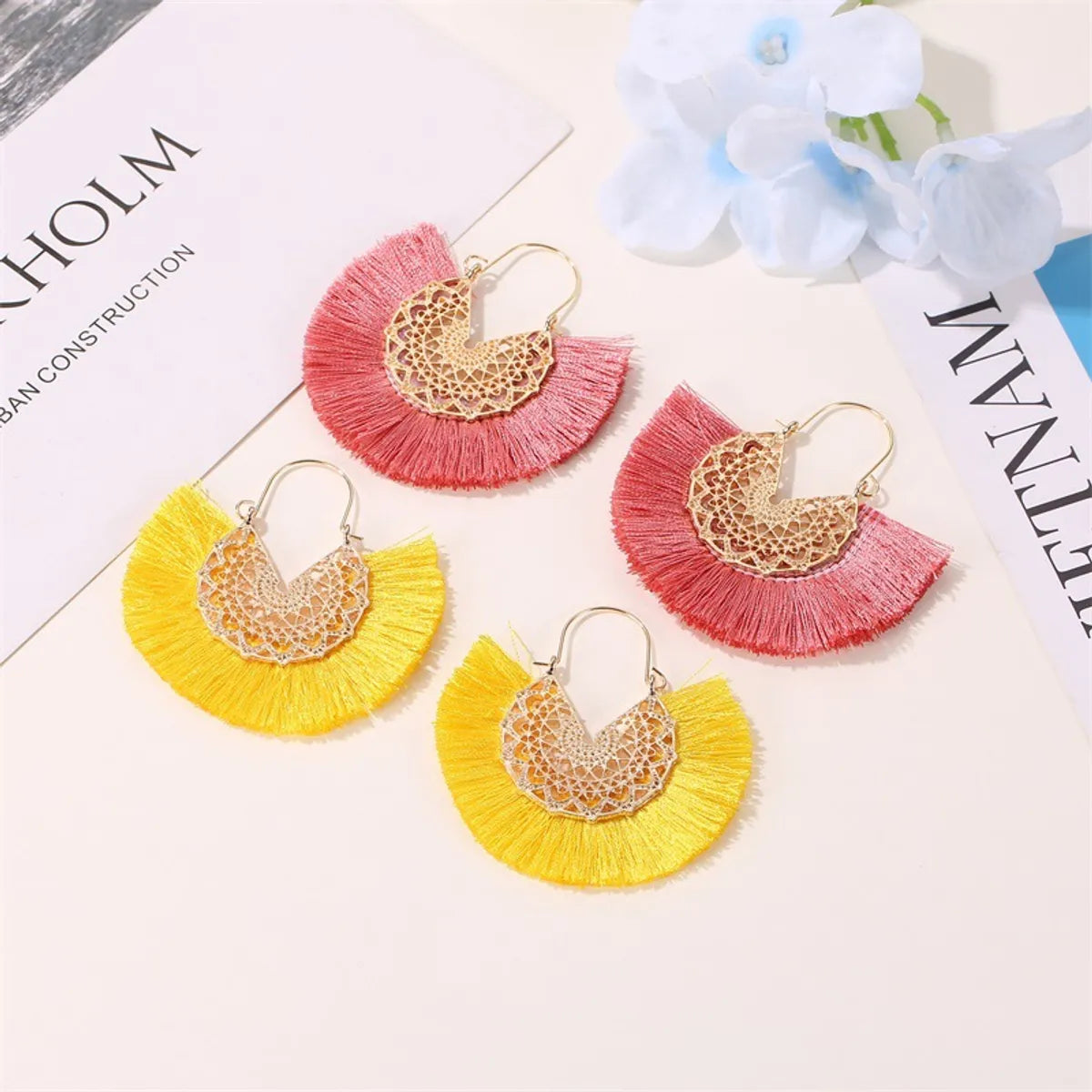 New Retro Exaggerated Fan-shaped Lace Patter Ethnic Style New Tassel Earrings Wholesale