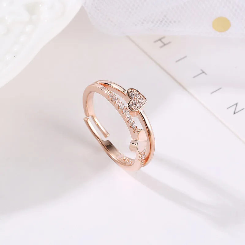 New Ring Creative Heart-To-Heart Printing Live Mouth Ring Temperament Heart-Shaped Opening Adjustable Ring Wholesale