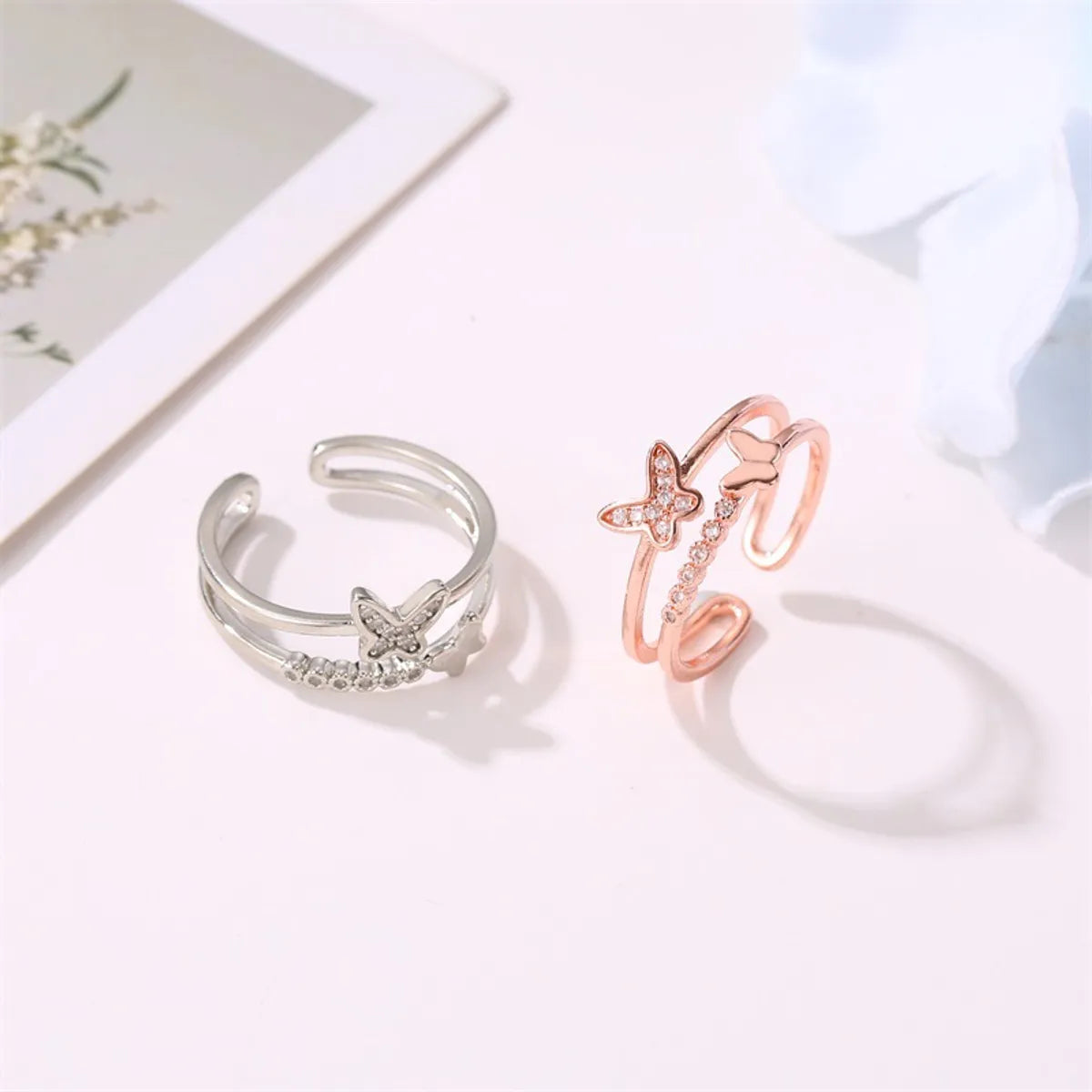 New Ring Double Butterfly Ring Ladies Popular Rose Gold Diamond Opening Adjustable Ring