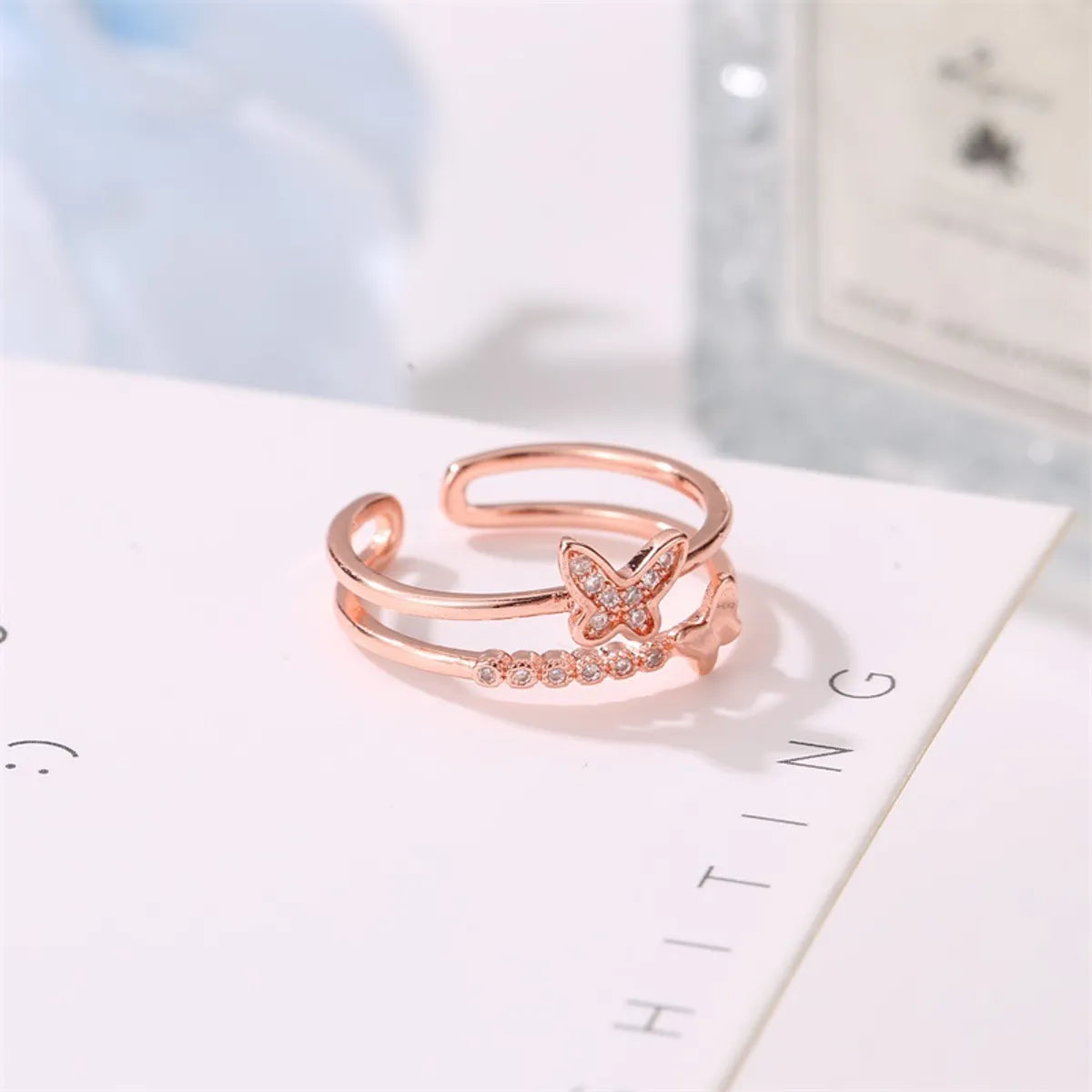 New Ring Double Butterfly Ring Ladies Popular Rose Gold Diamond Opening Adjustable Ring