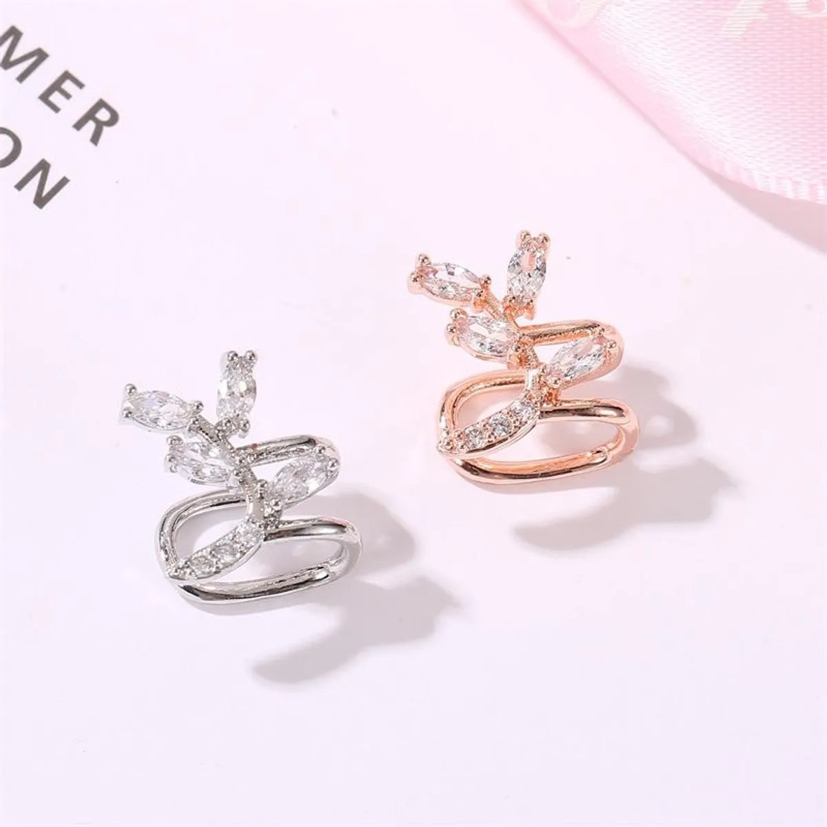 New Rose Ear Clip Zircon Ear Clip Sweet Leaf Curved Ear Bone Clip Earrings