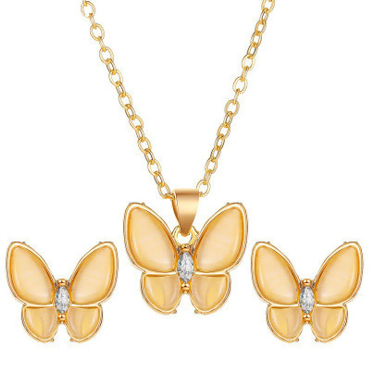 New Set Of Jewelry Opal Butterfly Fashion White  Butterfly Alloy Necklace Ladies Earrings Set