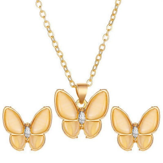 New Set Of Jewelry Opal Butterfly Fashion White  Butterfly Alloy Necklace Ladies Earrings Set