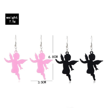 New Silver Ear Hook Pink Black Acrylic Little Angel Pendant Earrings Set